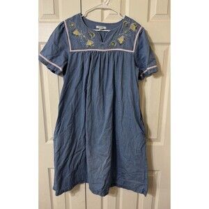 Go Softly Patio Denim Dress‎ Embroidered Feather Peacock Western Retro Cowgirl L